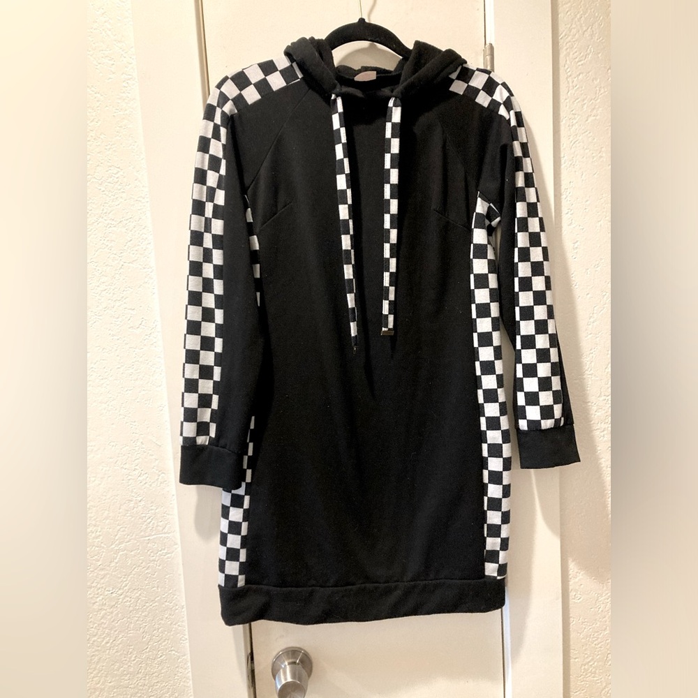 Hooded Checkerboard Sweatshirt Dress